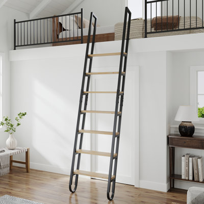 7 Step Ladder 9.35FT with Black Steel Handrails and Natural Wood Steps