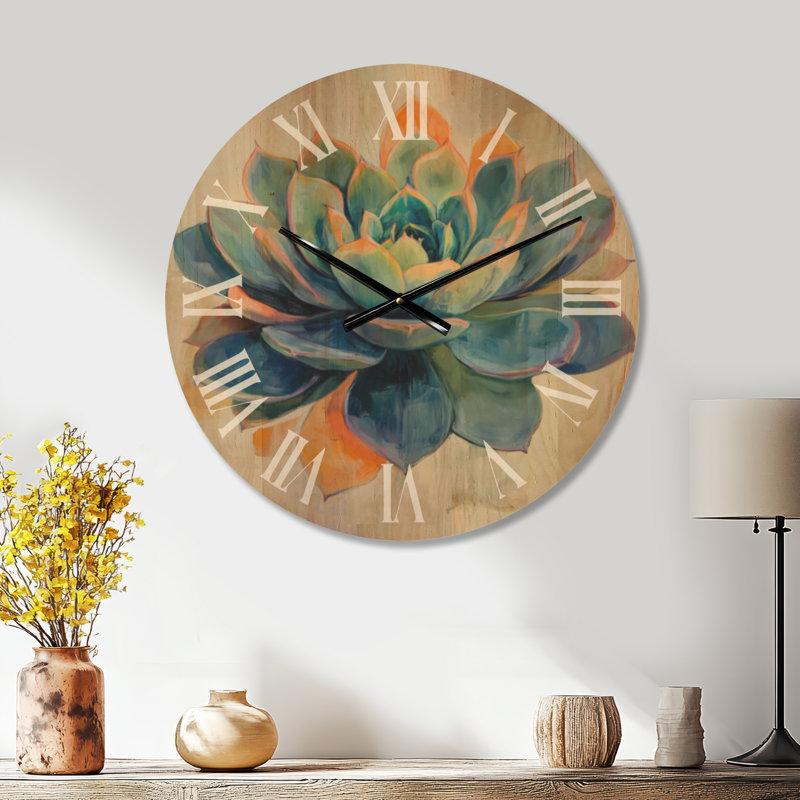 Horloge murale surdimensionnée de style sud-ouest américain, imprimée sur bois, motif rosette de succulentes éclatantes - Bleu marine