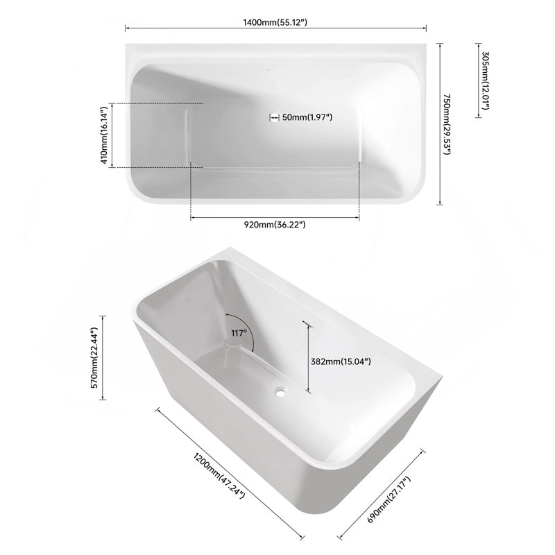 Baignoire de trempage autoportante 59 po en acrylique rectangulaire autoportante 59 po (blanc)