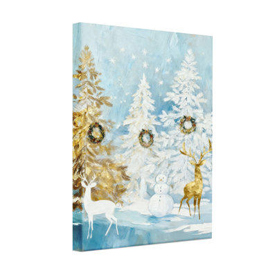 Ensemble de 3 reproductions d'art sur toile, "Winter Christmas Forest" avec cerf et bonhomme de neige