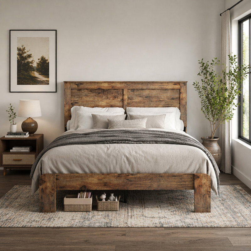 Base de lit, structure de lit plateforme en bois massif industriel, support de lattes en bois silencieux, grand espace de rangement sous le lit, aucun sommier requis, assemblage facile, base de lit robuste pour la chambre à coucher (sans matelas)
