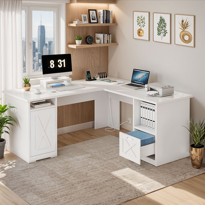Bureau d'ordinateur en L de 59 po avec armoire Aimaan, Blanc