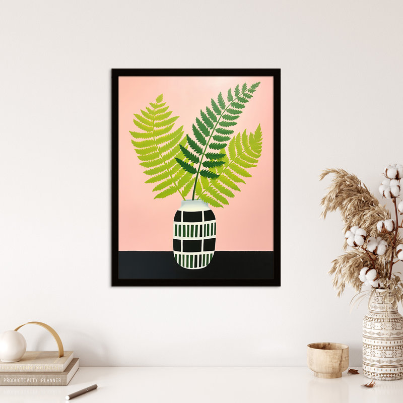 Fern in Vase Baby Pink Green Plant Fronds Oil 1 Piece Single Picture Frame Wall Art