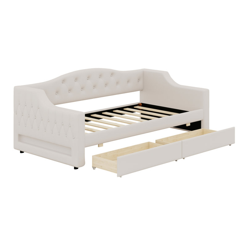 Upholstered Daybed With LED Belt And 2 Drawers, Beige