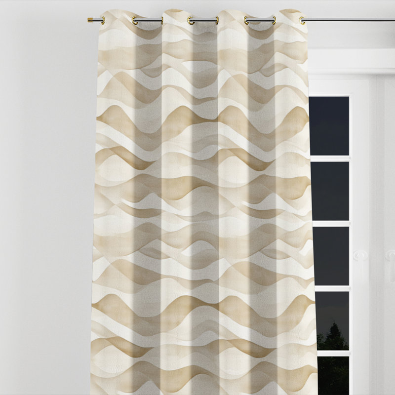 Rideaux modernes pour chambre à coucher - Rideau à œillets rayé beige à vagues - 1 panneau, L 52 po x L 63 po, Œillets dorés