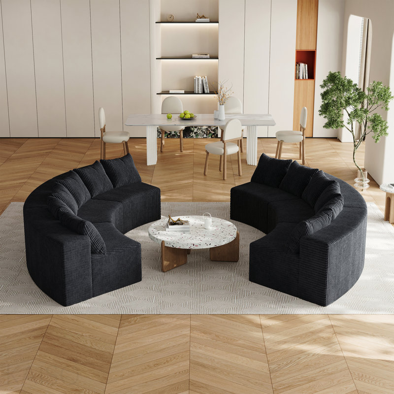 Corduroy Curved Sectional - 8 Pillows, 4 Modules, Symmetrical Semi-Circular - Multi-Room, 181" W, Black Corduroy