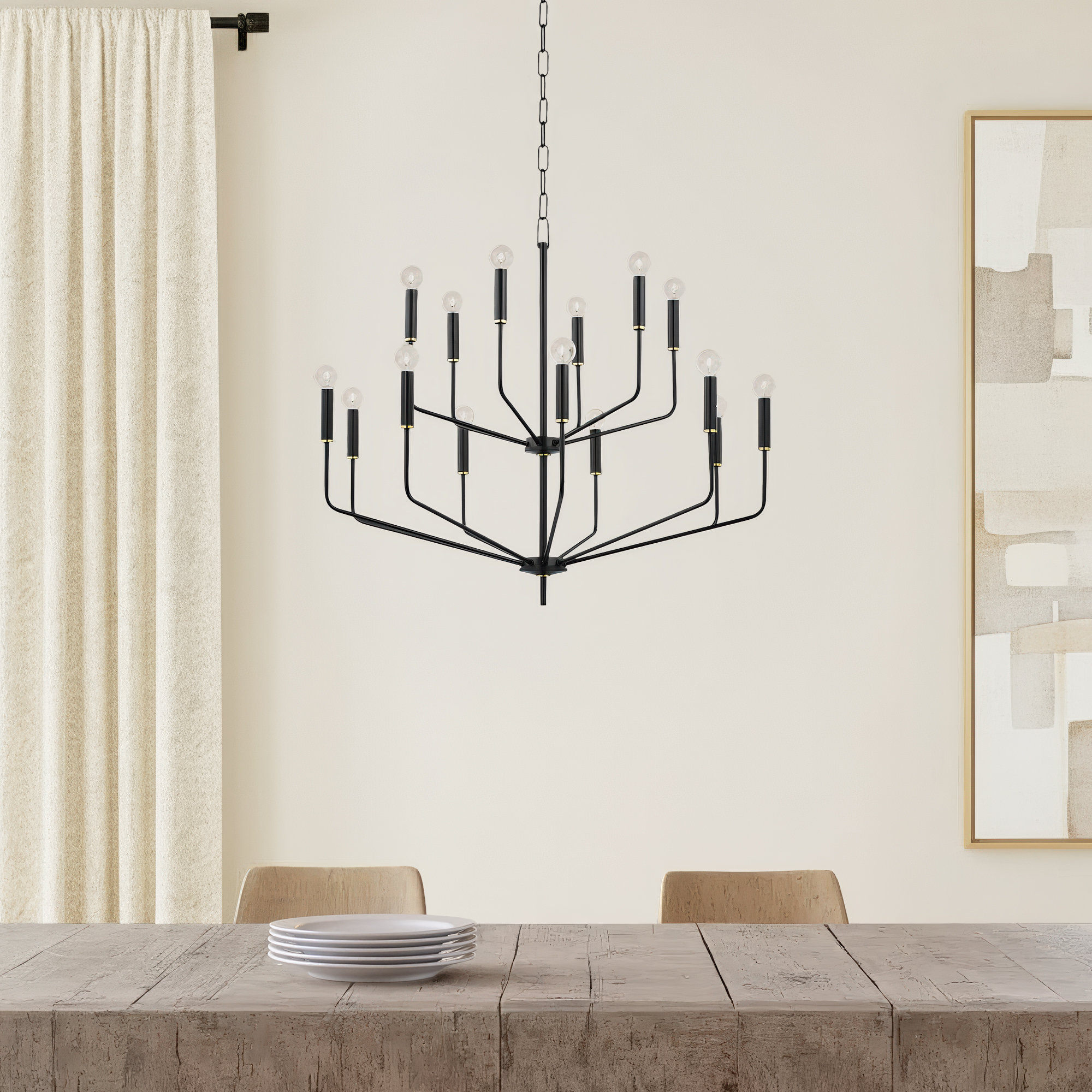 15 - Light Tiered Chandelier, Aged Brass/Soft Black