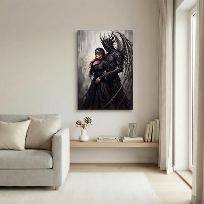 Masked Woman And Dark Skeletal Demon In Black Gown Canvas Wall Art