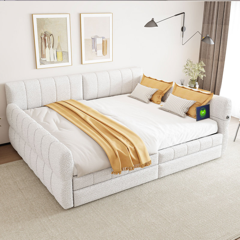 Queen Size Upholstered Platform Bed with USB Ports & 2 Storage Drawers - Bedroom Furniture, White