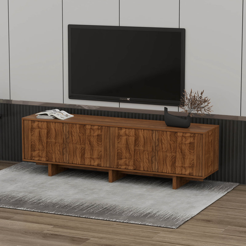Retro Wood Grain TV Stand, Wavy Door Media Console With Dual Storage Cabinets, Walnut