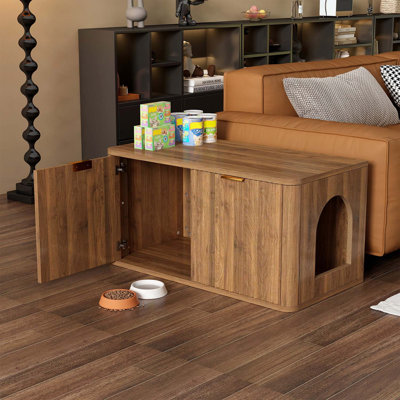 Meuble à litière en noyer pour chat, grande armoire décorative cachée avec un design Mid-Century cannelé pour les salons et les chambres