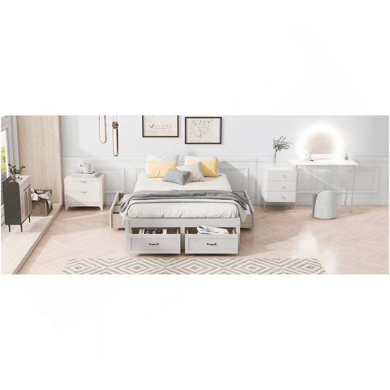 Lit plateforme double avec 6 tiroirs de rangement, blanc antique, Blanc antique, Lit double