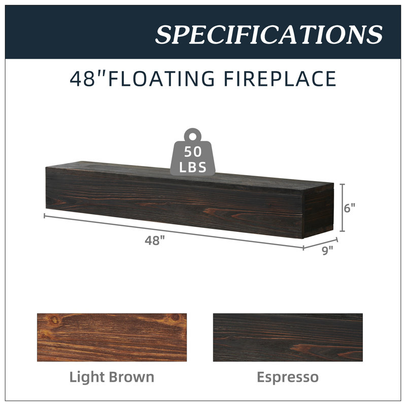 Manteau de cheminée en bois rustique, tablette murale et flottante pour la décoration intérieure, H 6 po x l 48 po x P 9 po