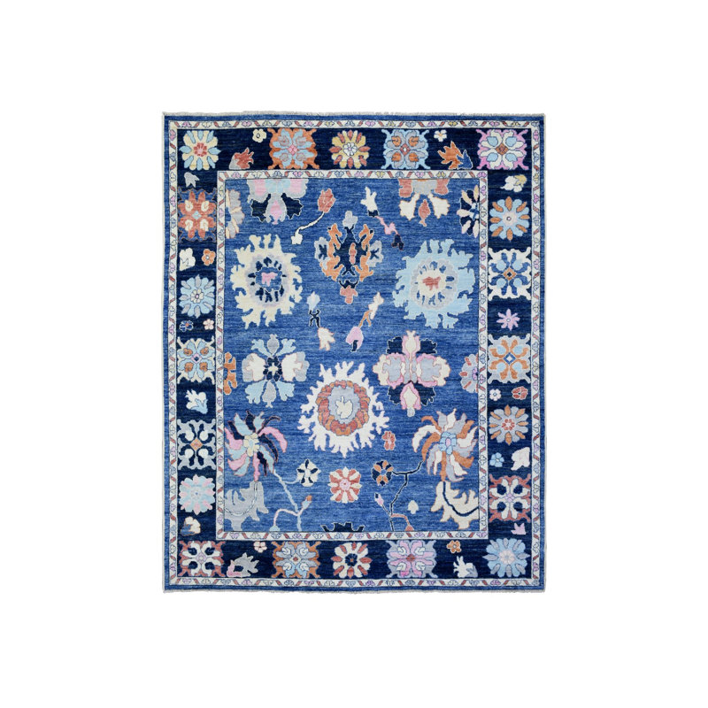 Tapis bleu en laine noué à la main 8 pi 2 po x 10 pi Angora Oushak