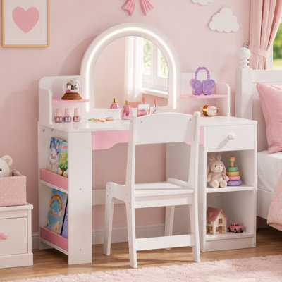 Ensemble de coiffeuse pour enfants avec tabouret, tablette à 2 niveaux et tiroir de rangement, parfait pour la chambre à coucher ou la salle de jeux