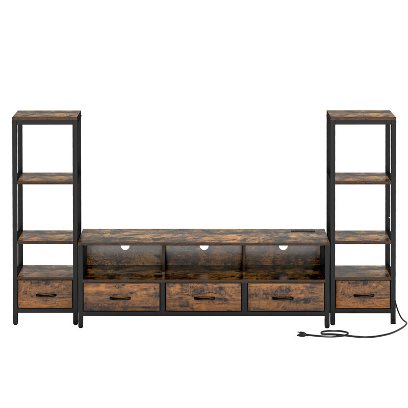 LED Entertainment Center With 2 Bookcases & Charging Ports, Brown Wood