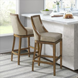 Ellie Bar Height Stool, Back, Swivel Seat, Upholstered Padded Seat, Rubberwood Frame, Steel Memory Return Mechanism, Dimensions 19 in. W x 22 in. D, Footrest, Metal Kick Plate