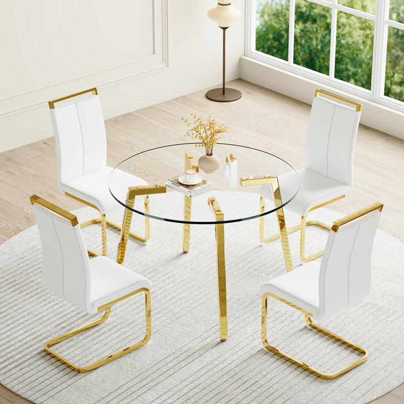 Dumercie 4 - Person Four Leg Dining Set, 5, White/Gold, Gold