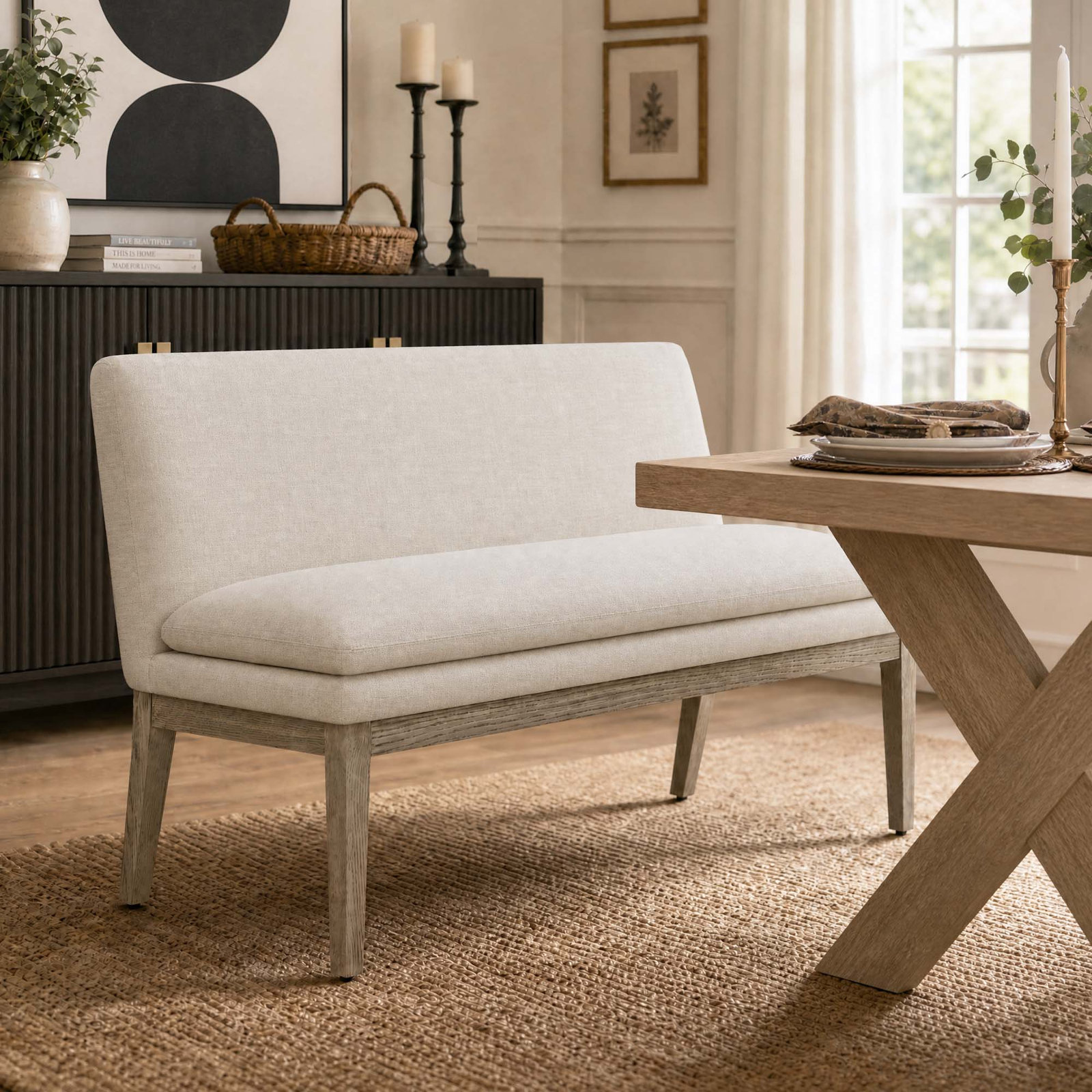 Bethea 55" Linen Dining Bench, Linen