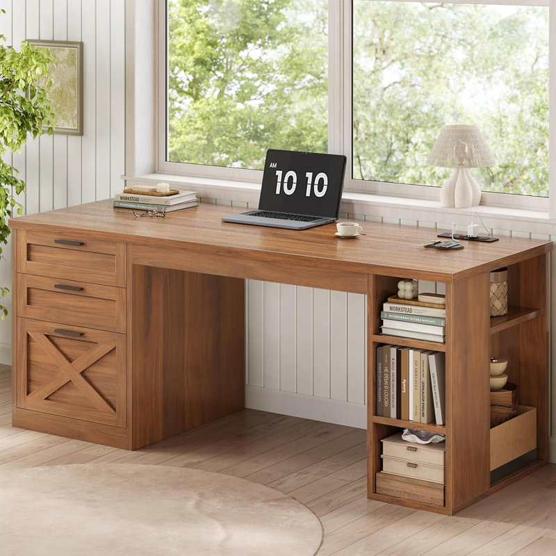 55.1" Farmhouse Office Desk With 3 Drawers, Computer Desk With File Drawer & Storage Shelves, Brown