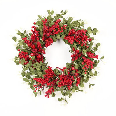 24" Artificial Farmhouse Blossom Cluster Greenery Eucalyptus Red Berries Christmas Day Winter Front Door Wreath