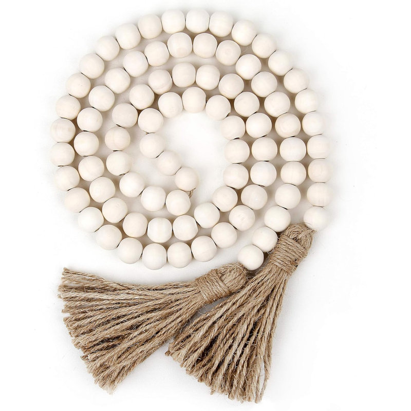 58" Wood Bead Garland With Tassels White
