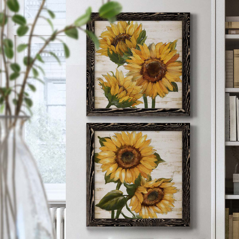 Tournesol d'été I - ensemble de 2 peintures sur toile encadrées, H 17 po x l 34 po x P 1,5 po, Cadre noir