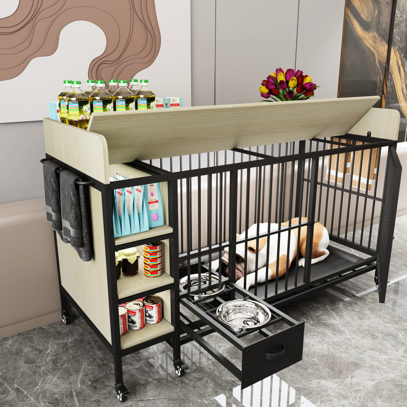 Cage en fer pour animaux avec tiroirs, grand cadre de rangement beige et noir, Naturel