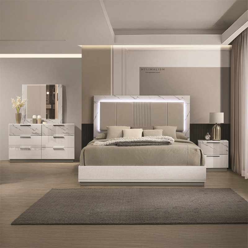 Table de chevet Mist - Finition bicolore très brillante en marbre et en laque avec deux tiroirs, intérieur doublé de velours et design élégant et compact
