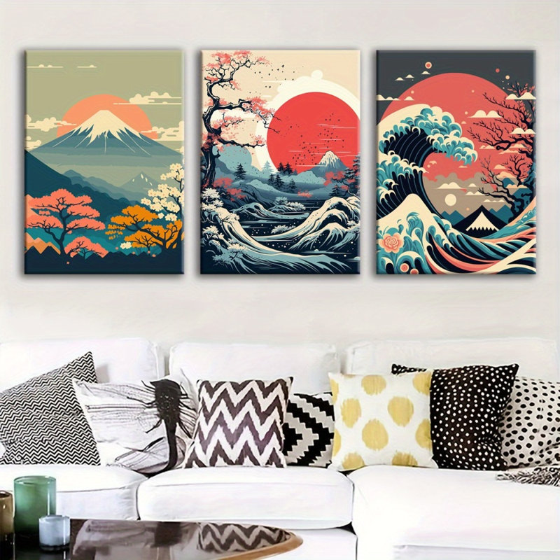 3-Piece Framed Wall Art Set - Modern Sun Theme Canvas Prints, Wooden Frame Waterproof Decor for Living Room, Bedroom & Holiday Party