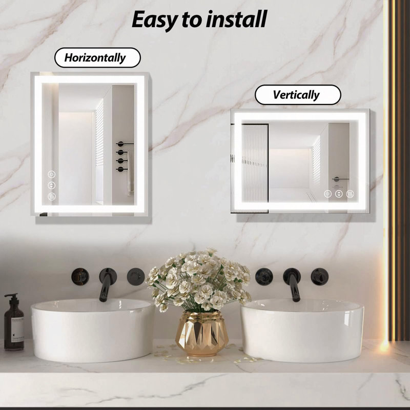 Miroir de salle de bain 24 po x 32 po à DEL avec éclairage avant et rétroéclairé, antibuée, intensité variable, verre trempé