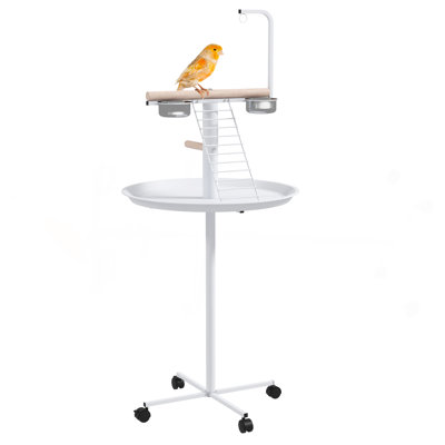 Support pour oiseaux, support pour perroquet avec roues, perchoirs, bols en acier inoxydable, plateau rond, support pour oiseaux pour l'intérieur et l'extérieur, blanc