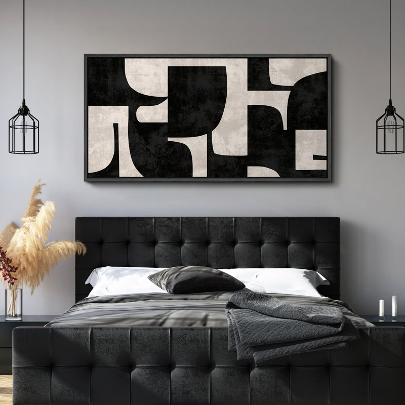 Motif géométrique abstrait géométrique noir et blanc, H 30 po x l 60 po, Noir, noir, noir, noir