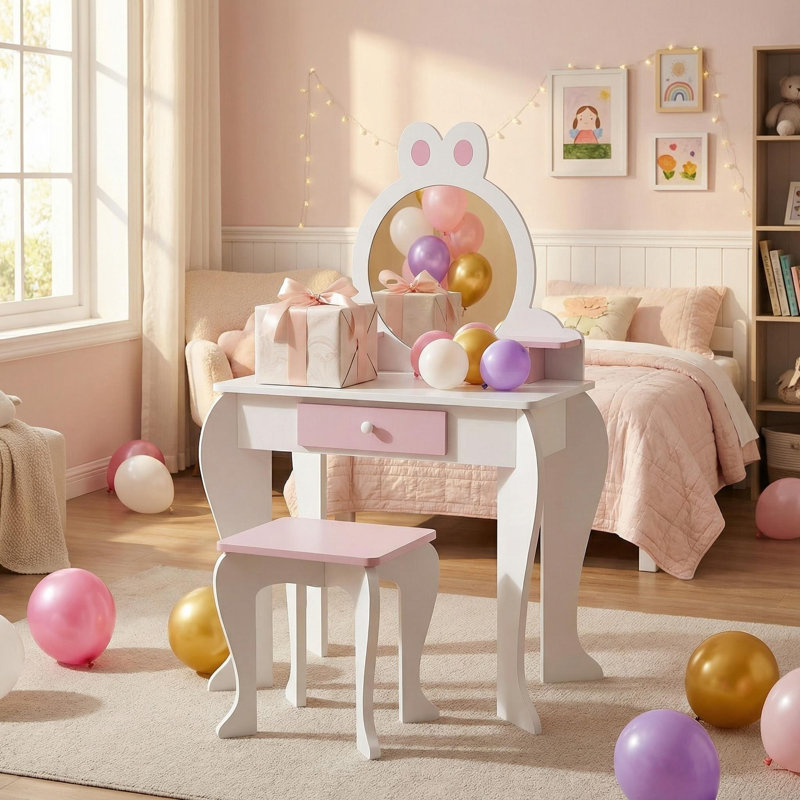 Cute Rabbit-Themed Room Decor Set: Storage Drawer Stool, Mirror, and Vanity Table