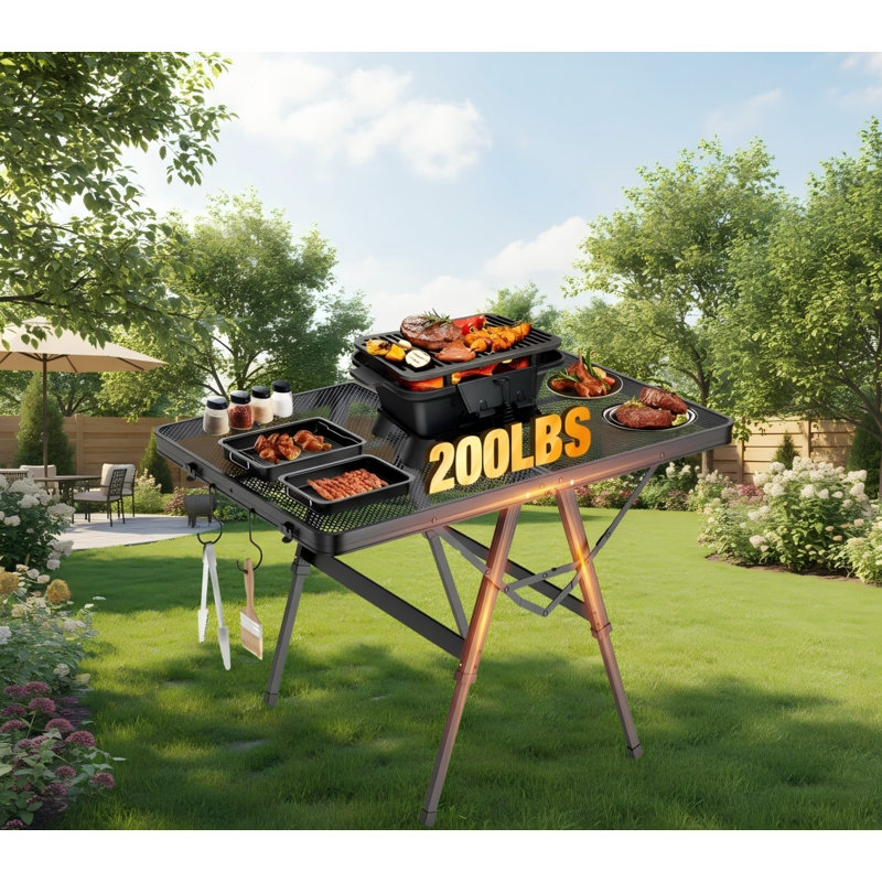 3FT Height Adjustable Folding Grill Table, Mesh Top 200LBS Capacity Metal Table For BBQ Beach RV