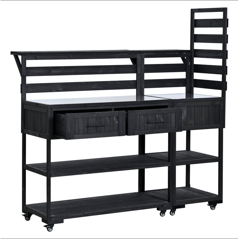 62.3'' Patio Kitchen Island Solid Wood Kitchen Cart with Stainless Table Top, Garden Potting Bench with Raised Shelf and Drawers, Grill Prep Table for BBQ, Party