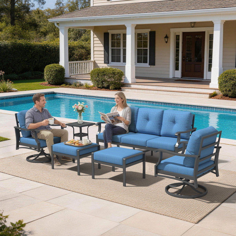 6 Piece Aluminum Patio Conversation Set, Outdoor Metal Furniture With 3-Seat Sofa, Rocking Swivel Chairs, Ottomans & Coffee Table, 5" Thick Cushions For Backyard, Poolside