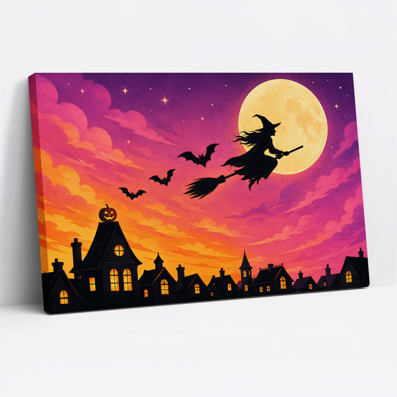 Sorcière planant au-dessus d'un village sous la pleine lune et toile murale d'Halloween, H 24 po x l 36 po