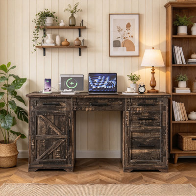 55" Farmhouse Executive Desk with Charging Station, 5 Drawers & Cabinet, Rustic Gray