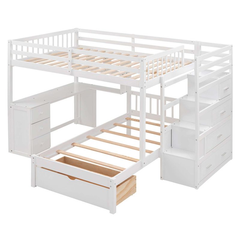 Lit superposé avec bureau, tiroirs et tablettes, Blanc