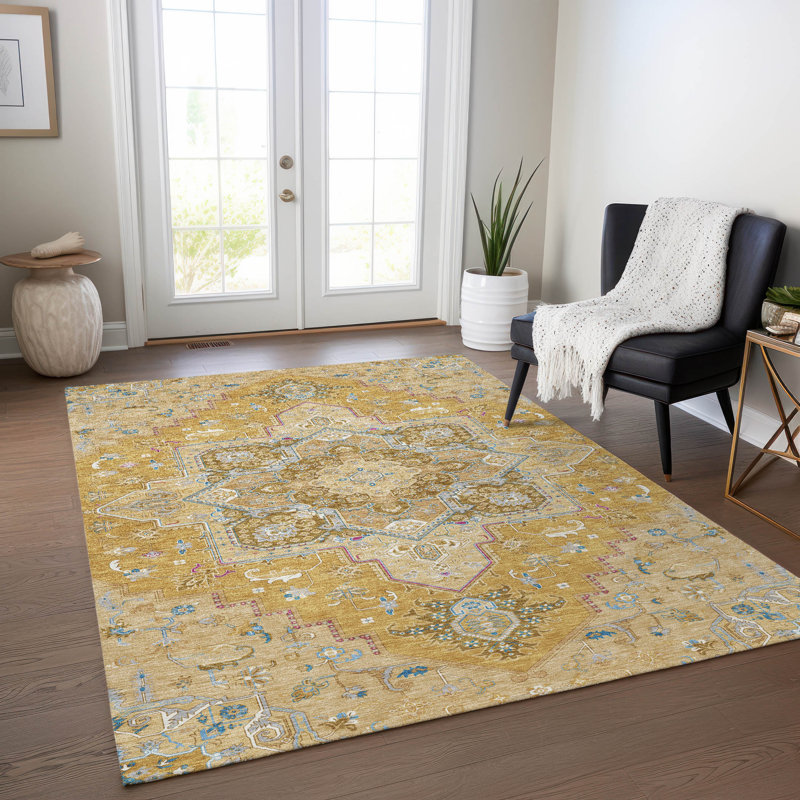 Gold Flat Woven Synthetic Rectangular Washable Rug 46" x 30"