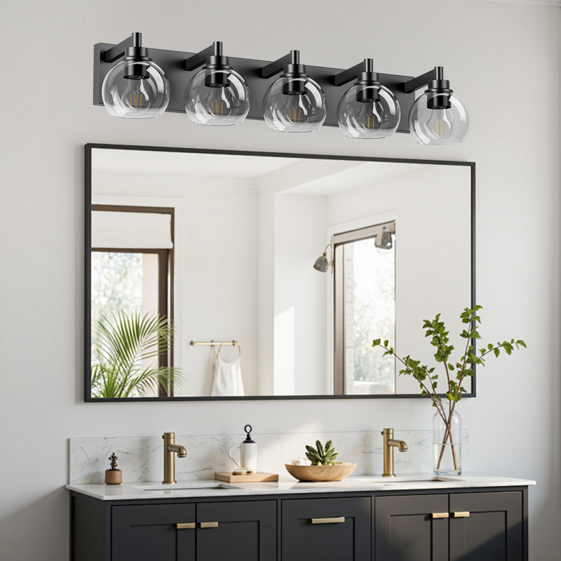 5-Light Matte Black Vanity Light, Modern Globe Glass Bathroom Wall Sconce For Mirror, 5 Lights, 7.9" H x 33.5" W x 6.97" D