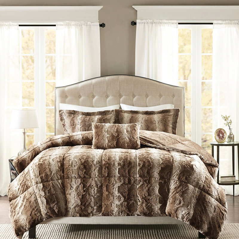 Édredon en fausse fourrure double / grand - literie 4 pièces avec édredon, 2 taies décoratives, coussin décoratif brun, lavable à la machine