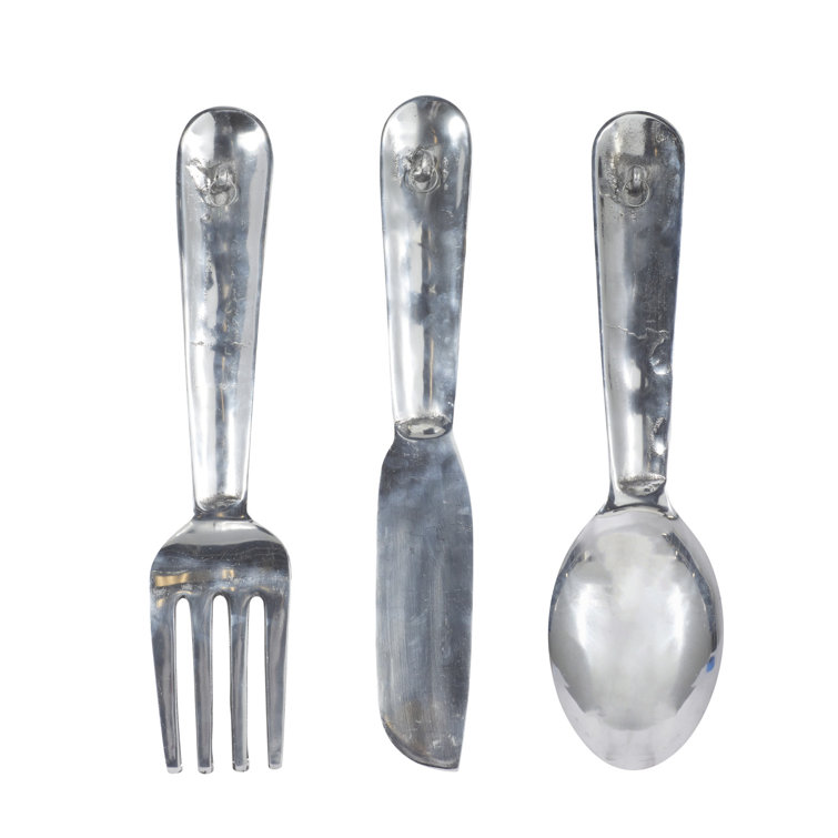 Set of 2 Aluminum Metal Utensils Spoon and Fork Wall Decors Silver - Olivia & May