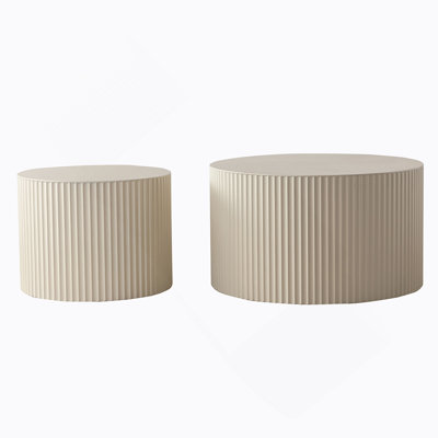 Beige Nesting Coffee Table Set Of 2, Modern Drum Design With Wave Stripe, Ideal For Living Room And Space Efficiency