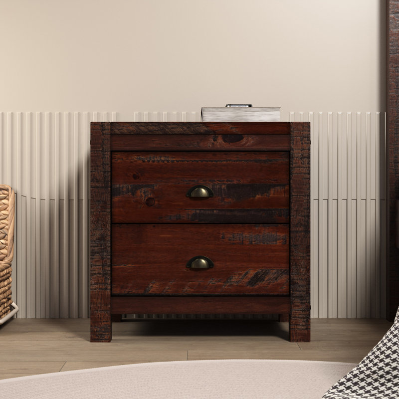Hibir Farmhouse 24” W 2 Drawer Nightstand, Solid Wood Rustic Style Bedside, Walnut