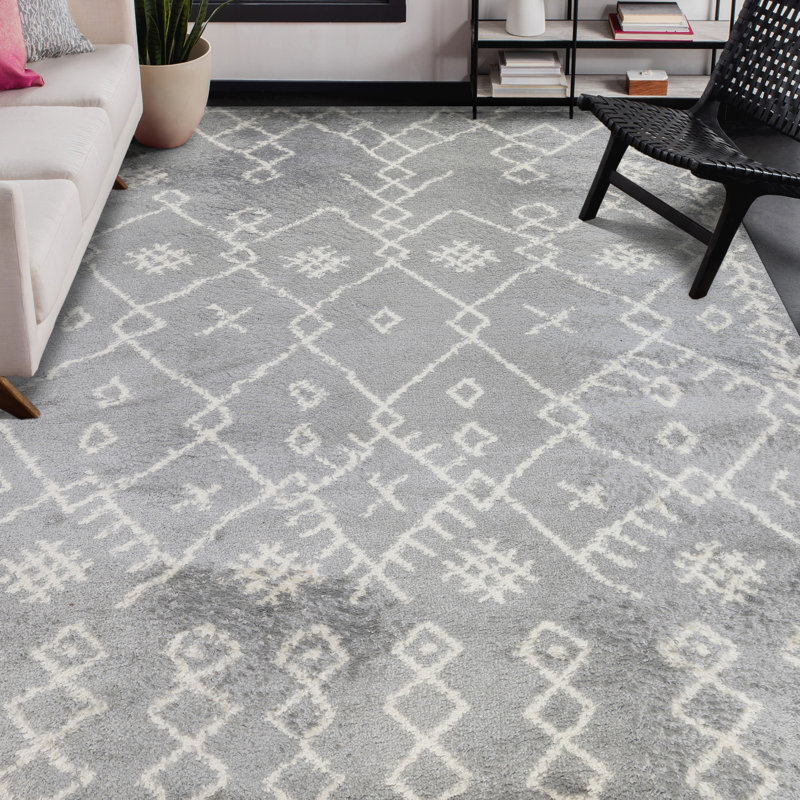 Germnico Low Shag Modern Farmhouse Gray/Ivory Performance Area Rug, Rectangle 5' x 7'6"