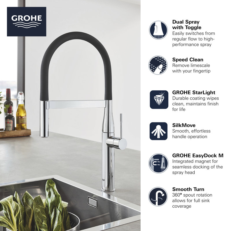 Essence New Single Handle Kitchen Faucet with SilkMove® and with Accessories, Brushed Cool Sunrise