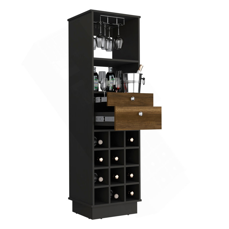 Armoire de bar classique, deux tiroirs, douze porte-bouteilles encastrés - noir / noyer