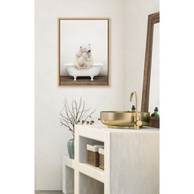 Mother and Baby Polar Bear in Rustic Bath by Amy Peterson Framed Canvas Wall Art Print